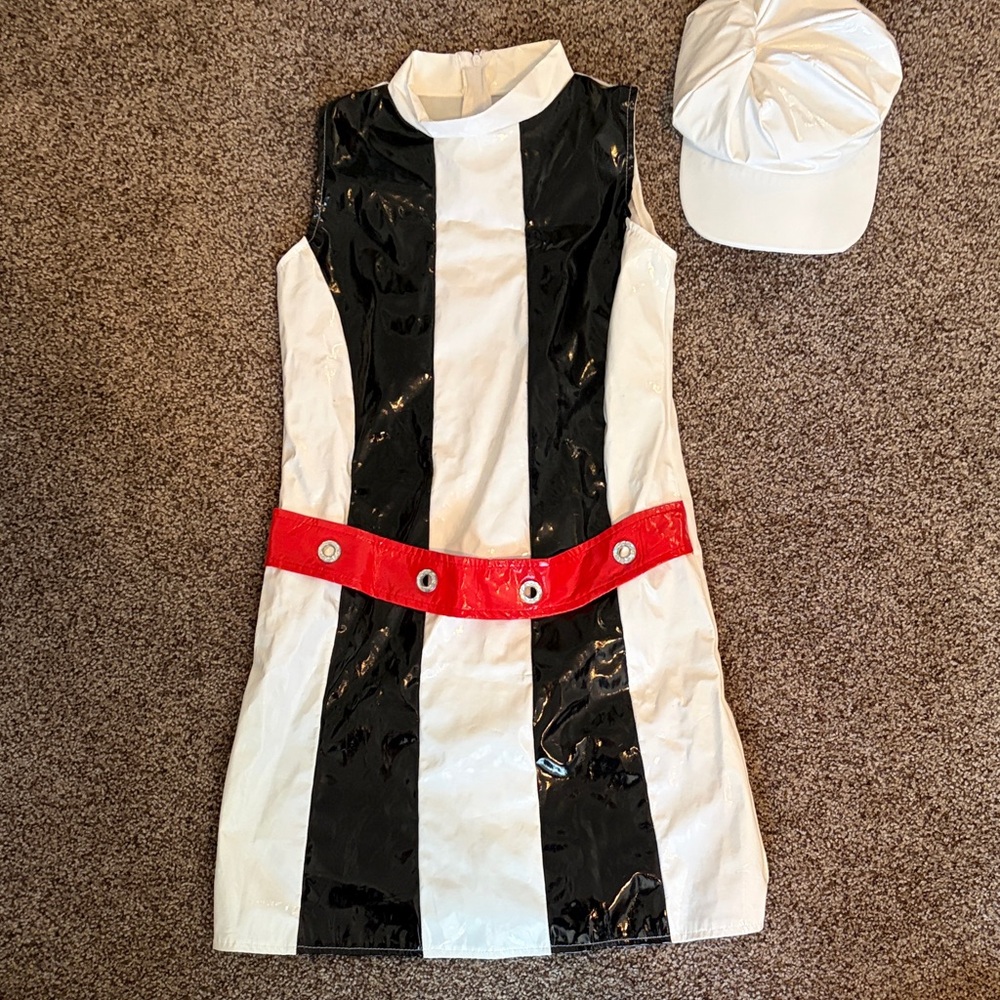 Girls Black & White Striped Costume 60s Dress with Red Belt and White Cap
